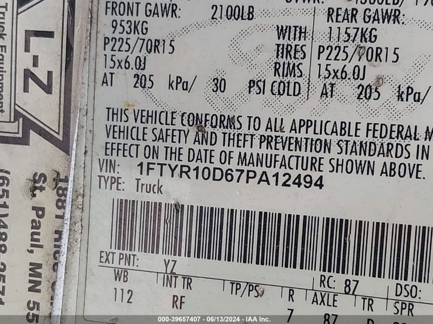 2007 Ford Ranger Stx/Xl/Xlt VIN: 1FTYR10D67PA12494 Lot: 39657407