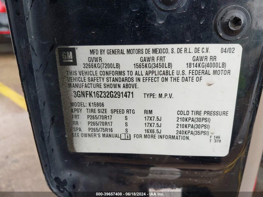 2002 Chevrolet Suburban 1500 Z71 VIN: 3GNFK16Z32G291471 Lot: 39657408