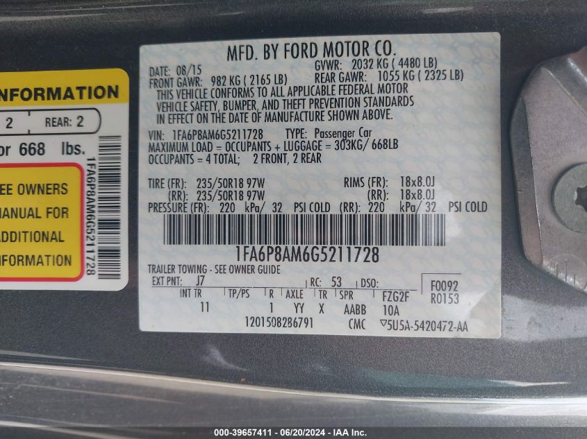 2016 Ford Mustang V6 VIN: 1FA6P8AM6G5211728 Lot: 39657411