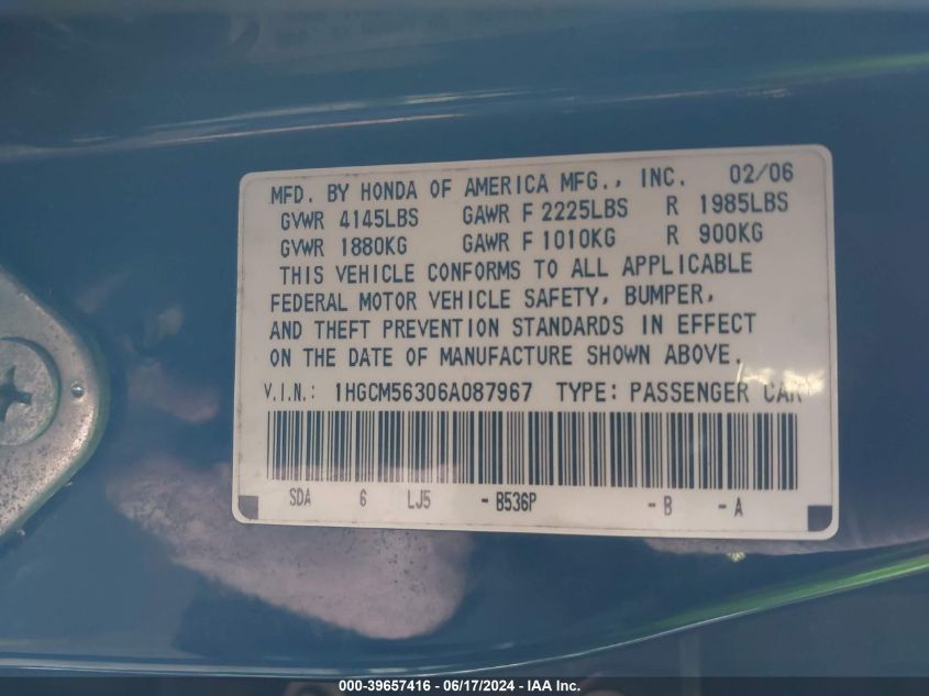 2006 Honda Accord 2.4 Se VIN: 1HGCM56306A087967 Lot: 39657416
