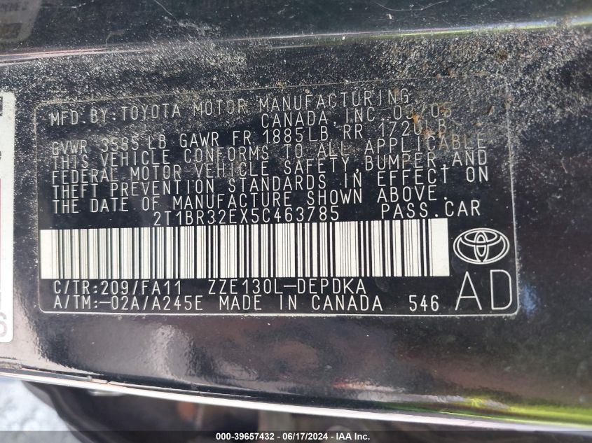 2005 Toyota Corolla Ce VIN: 2T1BR32EX5C463785 Lot: 39657432
