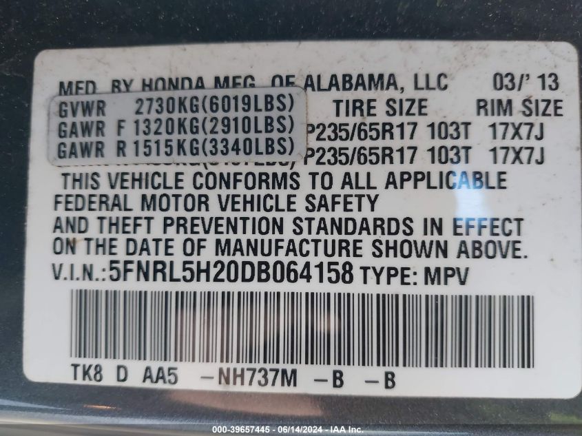 2013 Honda Odyssey Lx VIN: 5FNRL5H20DB064158 Lot: 39657445