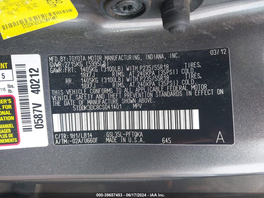 2012 Toyota Sienna Xle 7 Passenger VIN: 5TDDK3DC8CS041401 Lot: 39657453