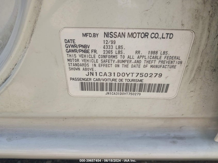 2000 Nissan Maxima Gle/Gxe/Se VIN: JN1CA31D0YT750279 Lot: 39657454