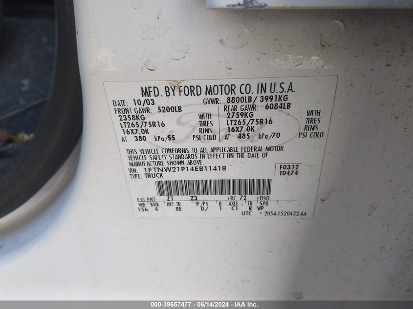 2004 Ford F-250 Lariat/Xl/Xlt VIN: 1FTNW21P14EB11418 Lot: 39657477