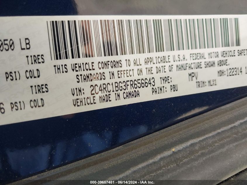 2015 Chrysler Town & Country Touring VIN: 2C4RC1BG3FR656643 Lot: 39657481