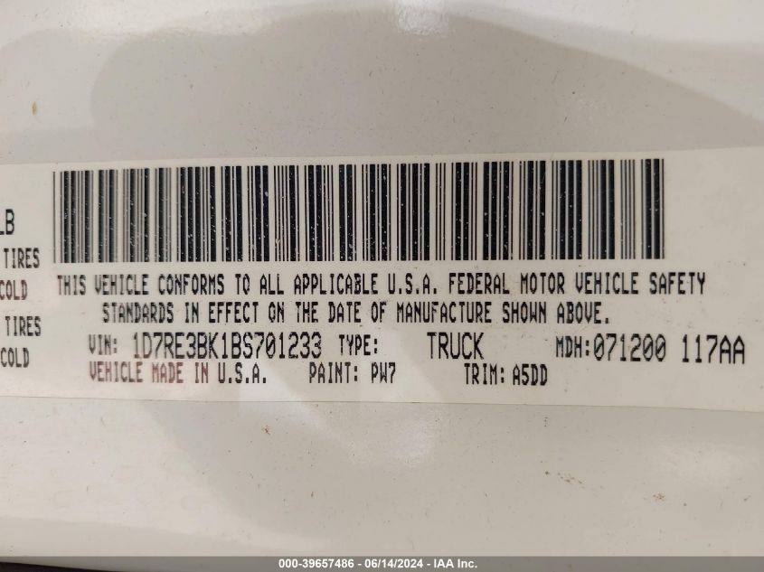 2011 Ram Dakota Bighorn/Lonestar VIN: 1D7RE3BK1BS701233 Lot: 39657486