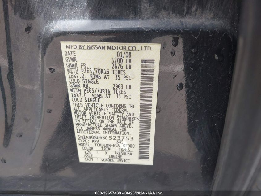 2008 Nissan Xterra S VIN: 5N1AN08U68C523753 Lot: 39657489