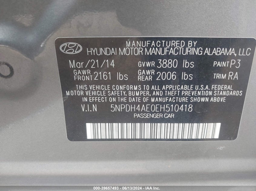 2014 Hyundai Elantra Se VIN: 5NPDH4AE0EH510418 Lot: 39657493