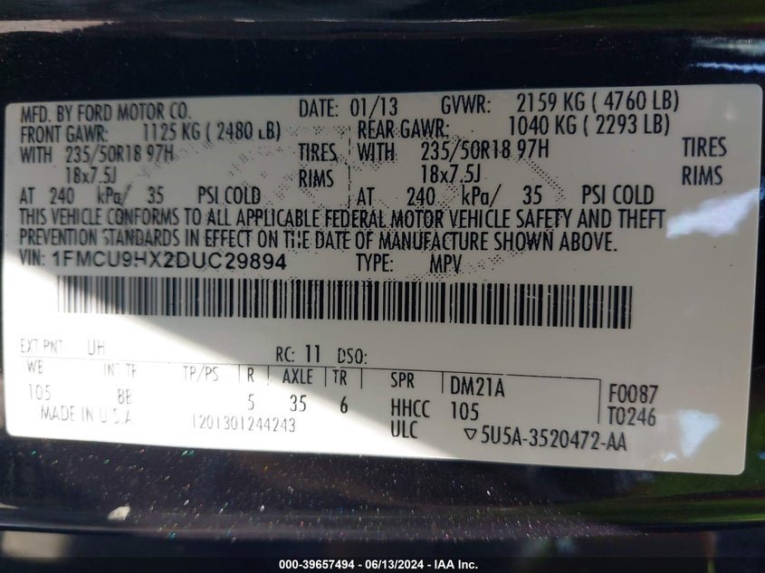 2013 Ford Escape Sel VIN: 1FMCU9HX2DUC29894 Lot: 39657494