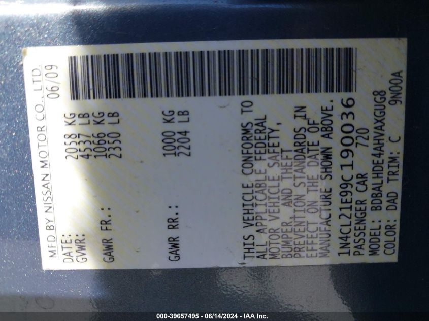 2009 Nissan Altima Hybrid VIN: 1N4CL21E99C190036 Lot: 39657495