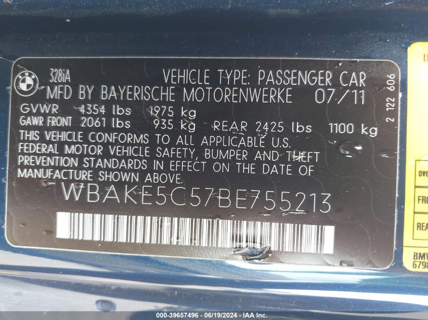 2011 BMW 328I VIN: WBAKE5C57BE755213 Lot: 39657496