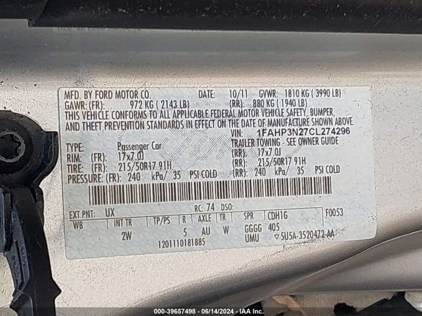 2012 Ford Focus Titanium VIN: 1FAHP3N27CL274296 Lot: 39657498