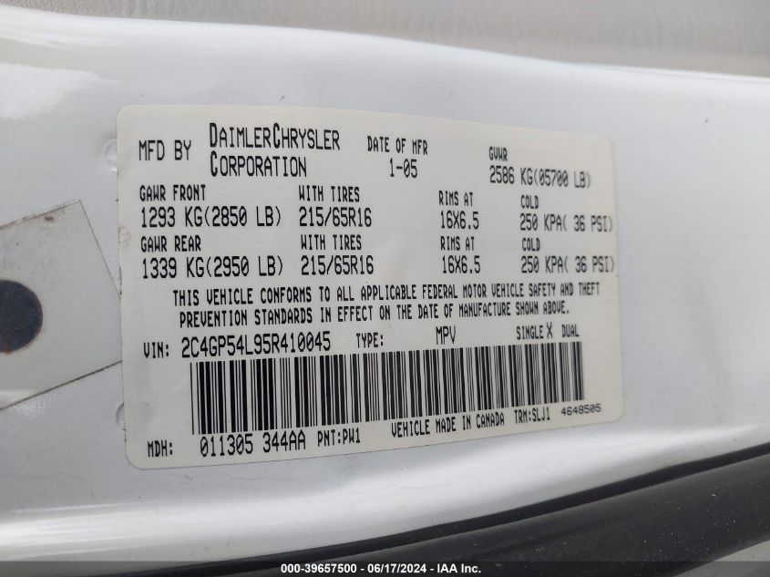 2005 Chrysler Town & Country Touring VIN: 2C4GP54L95R410045 Lot: 39657500