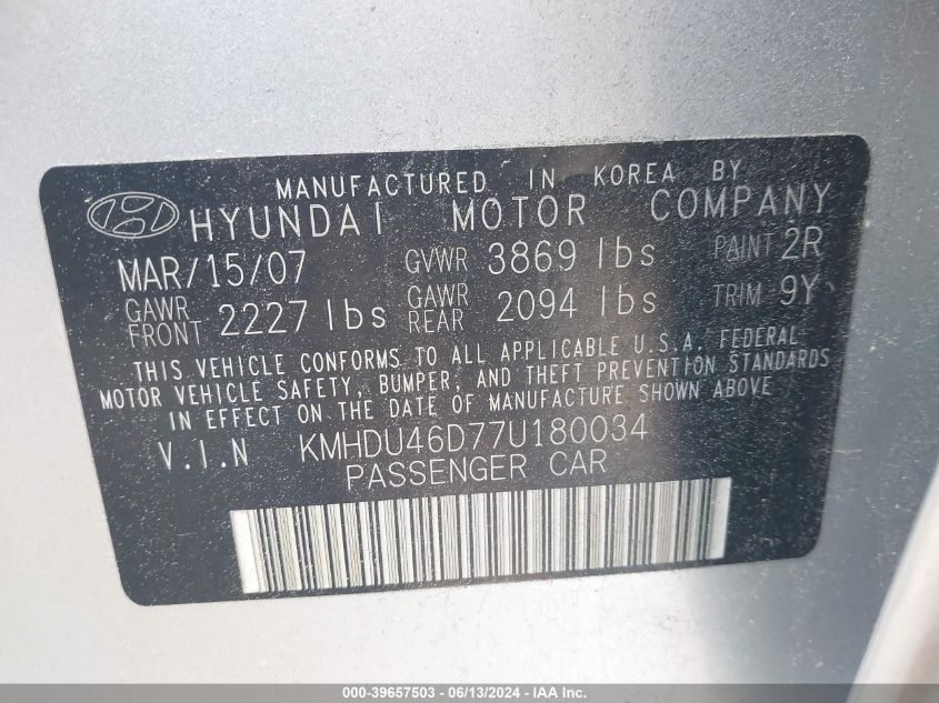 KMHDU46D77U180034 | 2007 HYUNDAI ELANTRA