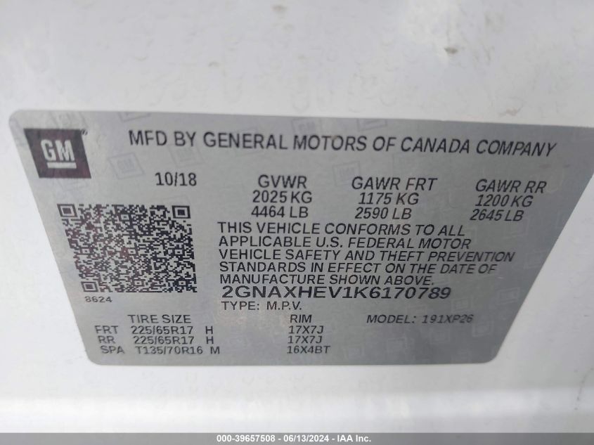 2019 Chevrolet Equinox Ls VIN: 2GNAXHEV1K6170789 Lot: 39657508