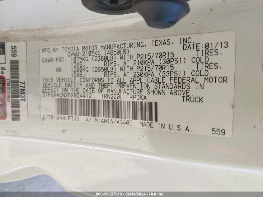 2013 Toyota Tacoma VIN: 5TFNX4CN2DX024412 Lot: 39657510