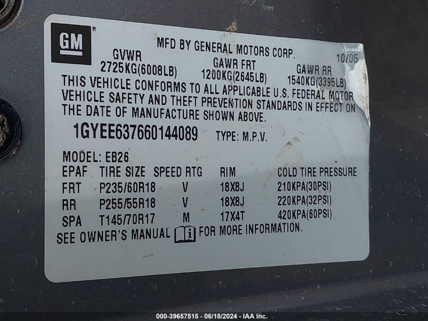 2006 Cadillac Srx V6 VIN: 1GYEE637660144089 Lot: 39657515