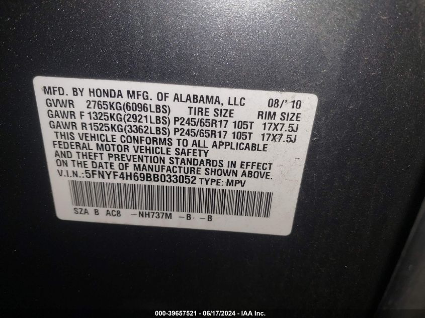 2011 Honda Pilot Exl VIN: 5FNYF4H69BB033052 Lot: 39657521