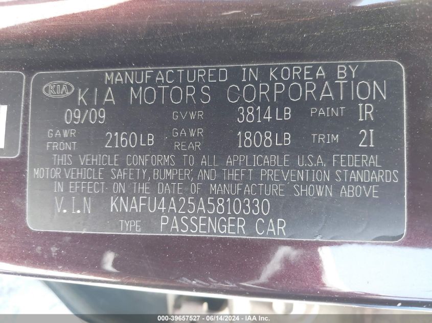 2010 Kia Forte Ex VIN: KNAFU4A25A5810330 Lot: 39657527
