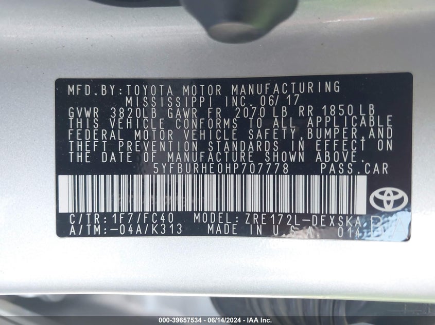 2017 Toyota Corolla Se VIN: 5YFBURHE0HP707778 Lot: 39657534