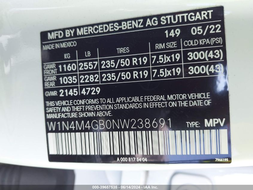 2022 Mercedes-Benz Glb 250 VIN: W1N4M4GB0NW238691 Lot: 39657535