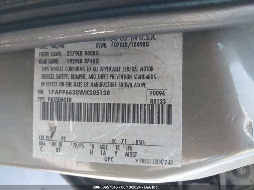 1998 Ford Contour Lx VIN: 1FAFP6630WK305138 Lot: 39657546