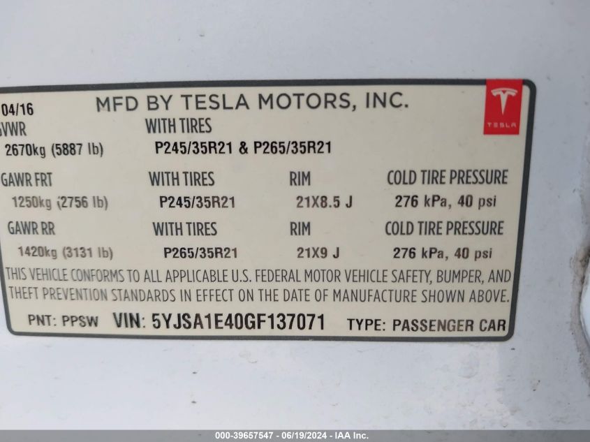 2016 Tesla Model S 90D/P100D/P85D/P90D VIN: 5YJSA1E40GF137071 Lot: 39657547