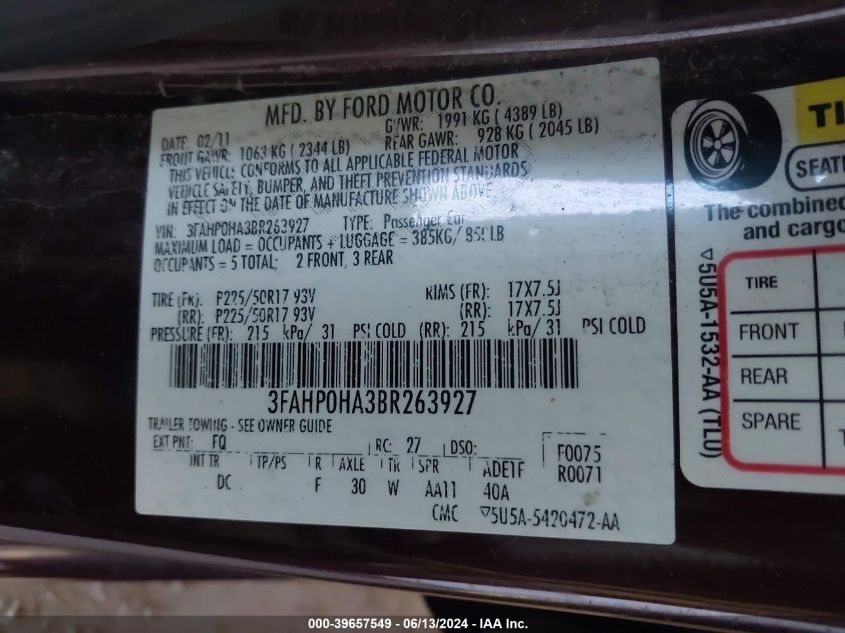 2011 Ford Fusion Se VIN: 3FAHP0HA3BR263927 Lot: 39657549