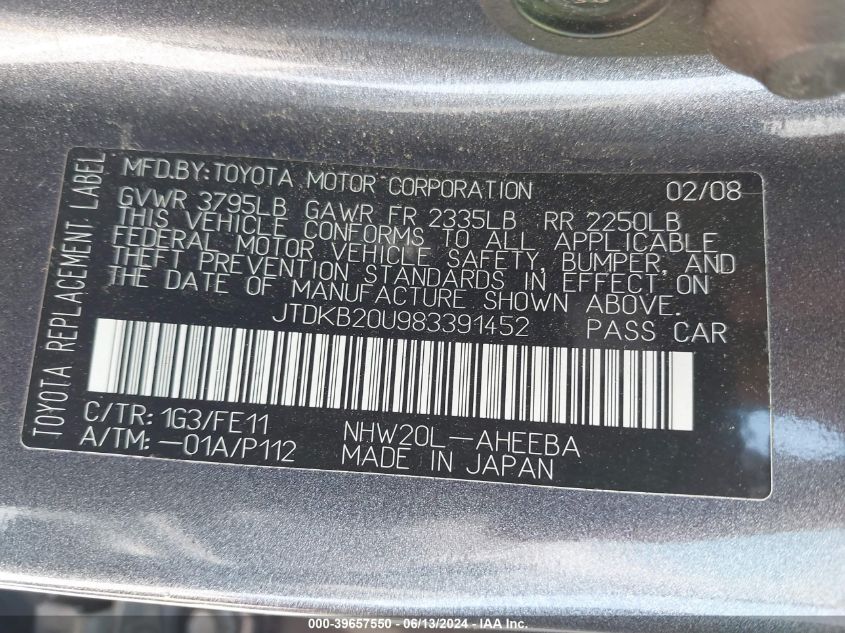 2008 Toyota Prius VIN: JTDKB20U983391452 Lot: 39657550