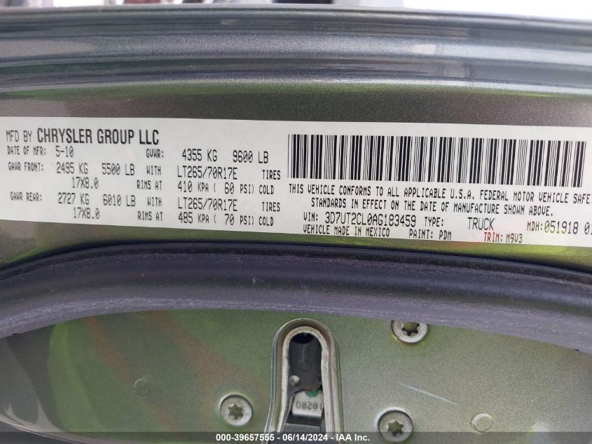 2010 Dodge Ram 2500 Slt VIN: 3D7UT2CL0AG183459 Lot: 39657555