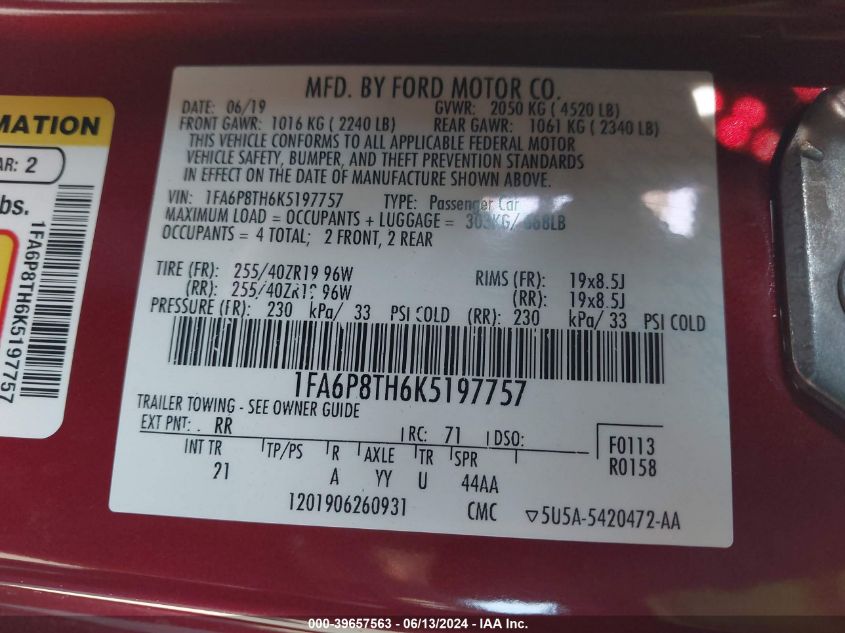 2019 Ford Mustang Ecoboost VIN: 1FA6P8TH6K5197757 Lot: 39657563