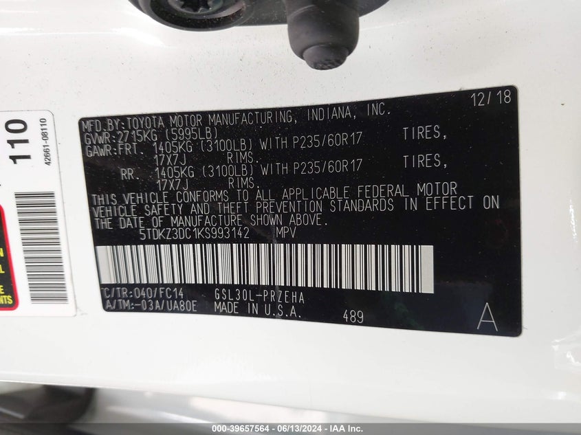 2019 Toyota Sienna Le 8 Passenger VIN: 5TDKZ3DC1KS993142 Lot: 39657564