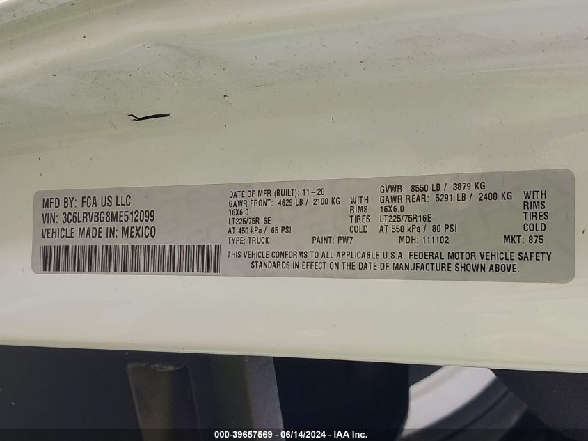 2021 Ram Promaster 1500 High Roof 136 Wb VIN: 3C6LRVBG8ME512099 Lot: 39657569