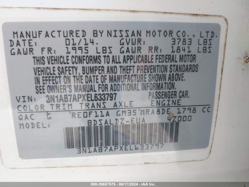 2014 Nissan Sentra Fe+ S/Fe+ Sv/S/Sl/Sr/Sv VIN: 3N1AB7APXEL633797 Lot: 39657575