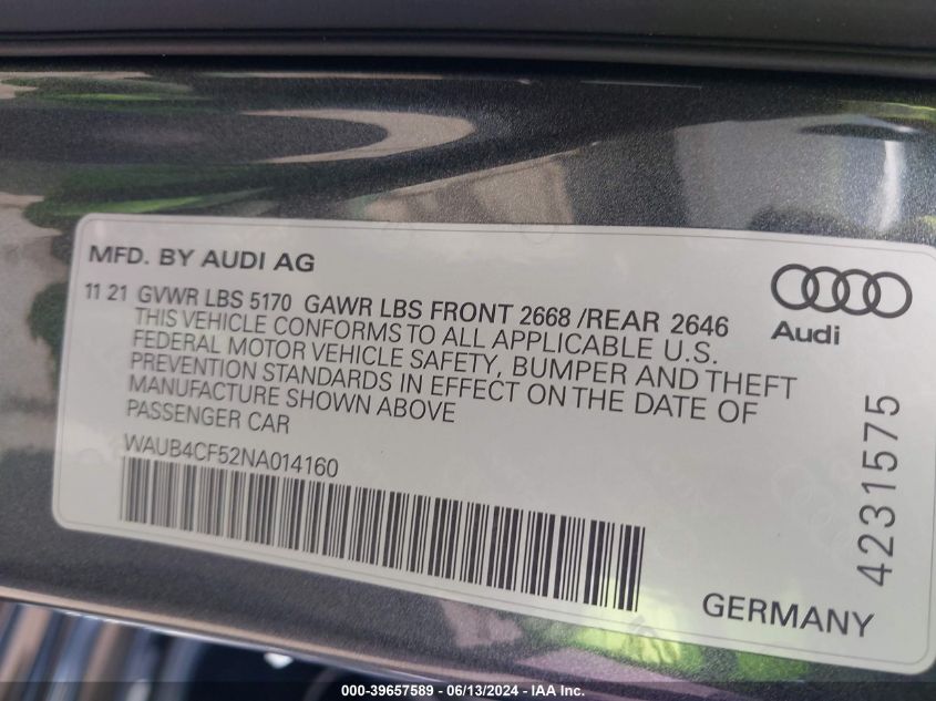 2022 Audi S5 Sportback Prestige Tfsi Quattro Tiptronic VIN: WAUB4CF52NA014160 Lot: 39657589