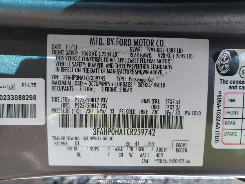 2012 Ford Fusion Se VIN: 3FAHP0HA1CR239742 Lot: 39657597