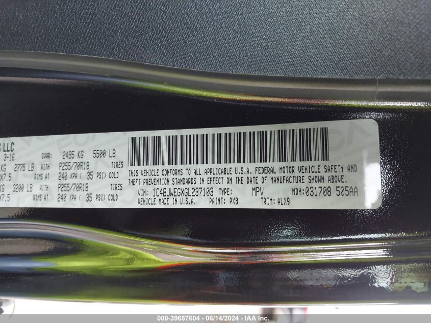 2016 Jeep Wrangler Unlimited Sahara VIN: 1C4BJWEGXGL237103 Lot: 39657604