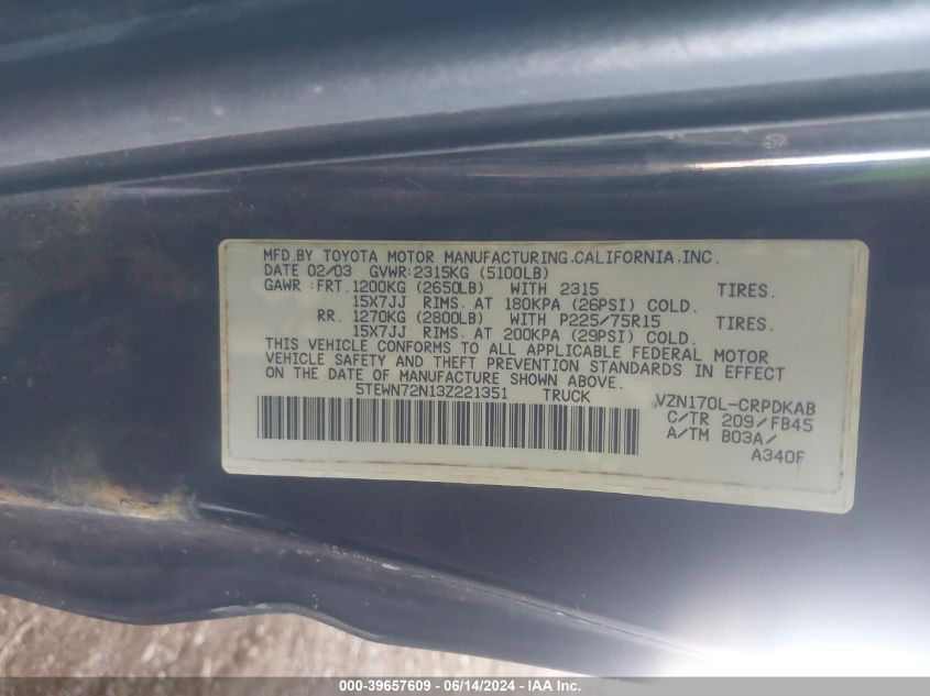 2003 Toyota Tacoma Base V6 VIN: 5TEWN72N13Z221351 Lot: 39657609