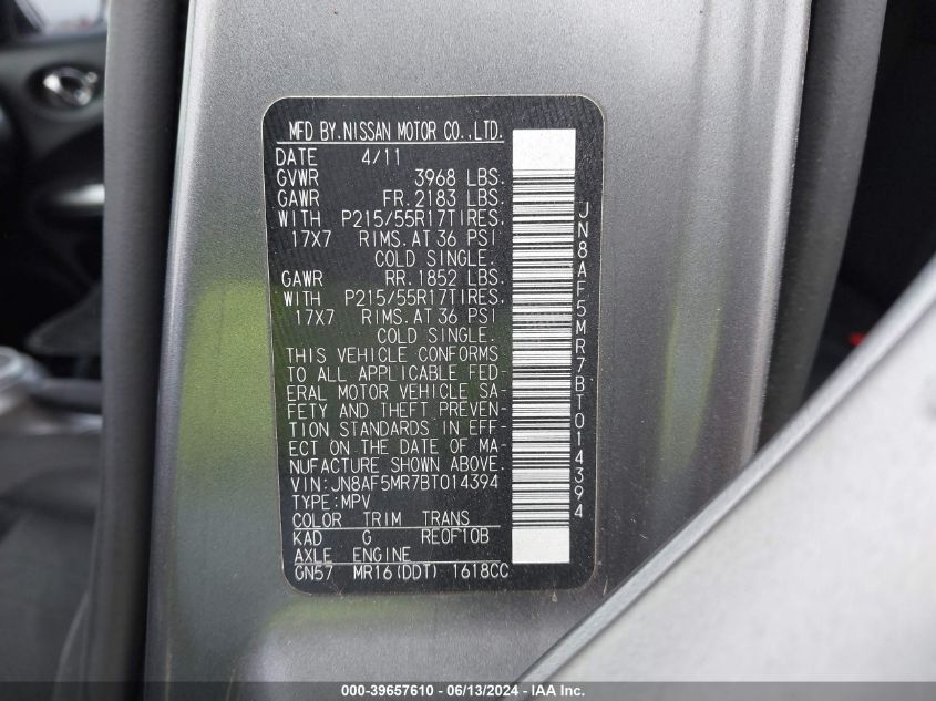 2011 Nissan Juke Sv VIN: JN8AF5MR7BT014394 Lot: 39657610