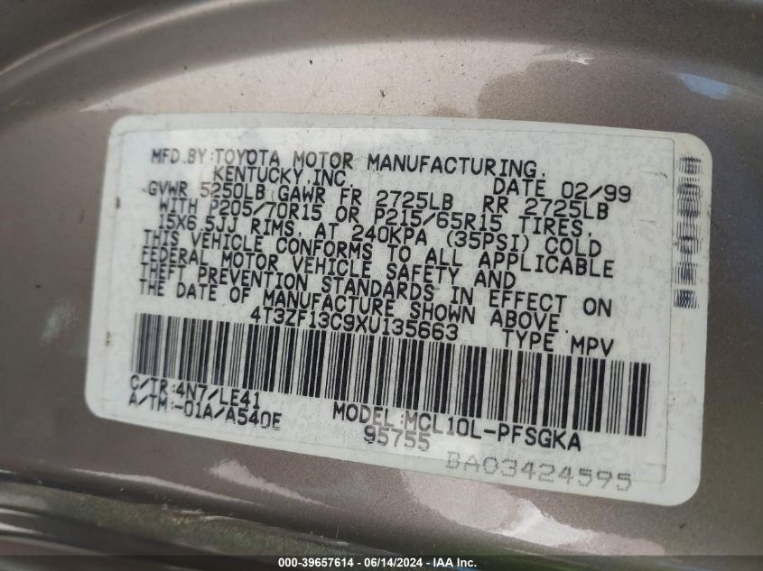 1999 Toyota Sienna Xle VIN: 4T3ZF13C9XU135663 Lot: 39657614