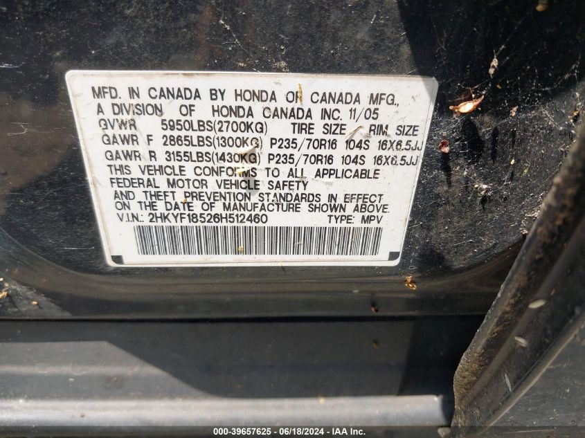 2006 Honda Pilot Ex-L VIN: 2HKYF18526H512460 Lot: 39657625