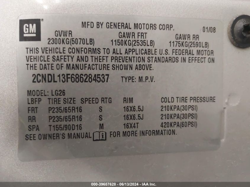 2008 Chevrolet Equinox Ls VIN: 2CNDL13F686284537 Lot: 39657628