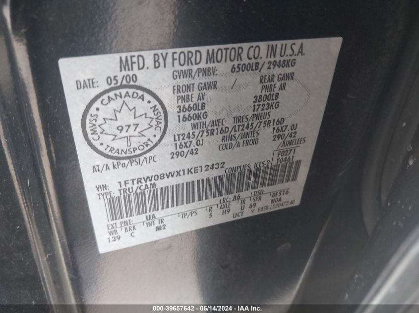 2001 Ford F-150 King Ranch Edition/Lariat/Xlt VIN: 1FTRW08WX1KE12432 Lot: 39657642