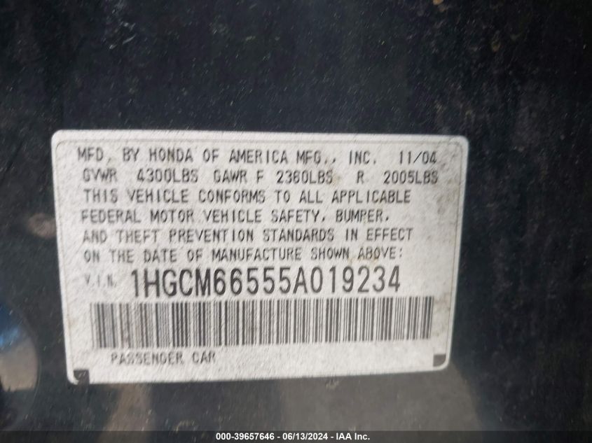 2005 Honda Accord 3.0 Ex VIN: 1HGCM66555A019234 Lot: 39657646