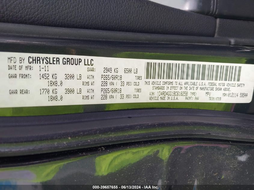 2011 Dodge Durango Crew VIN: 1D4RD4GG1BC618258 Lot: 39657655