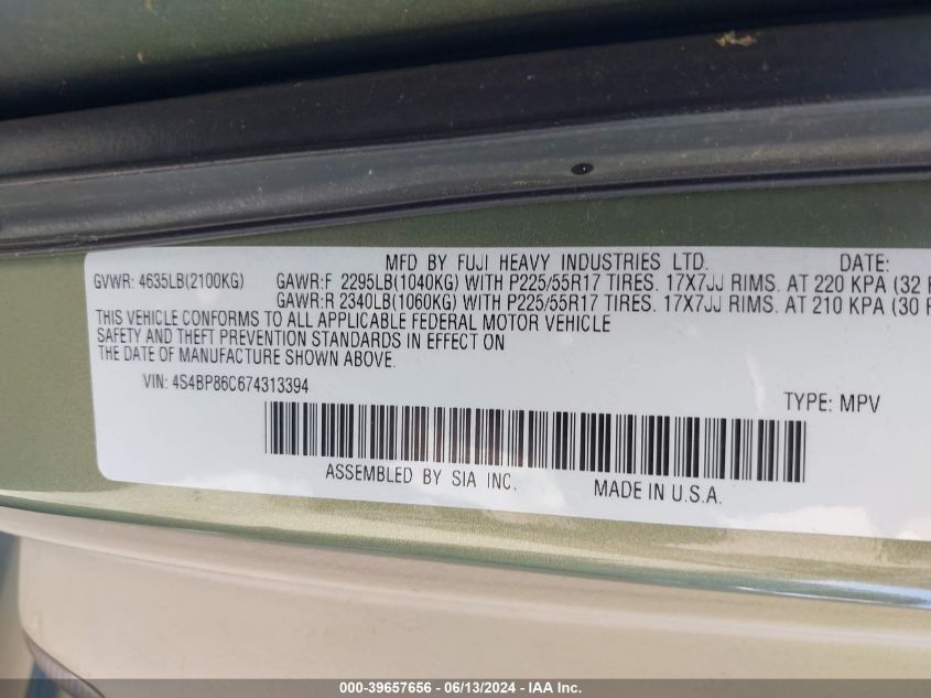 2007 Subaru Outback 3.0R L.l. Bean Edition VIN: 4S4BP86C674313394 Lot: 39657656