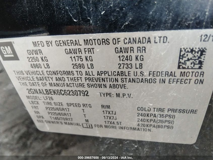 2012 Chevrolet Equinox Ls VIN: 2GNALBEK6C6230792 Lot: 39657658