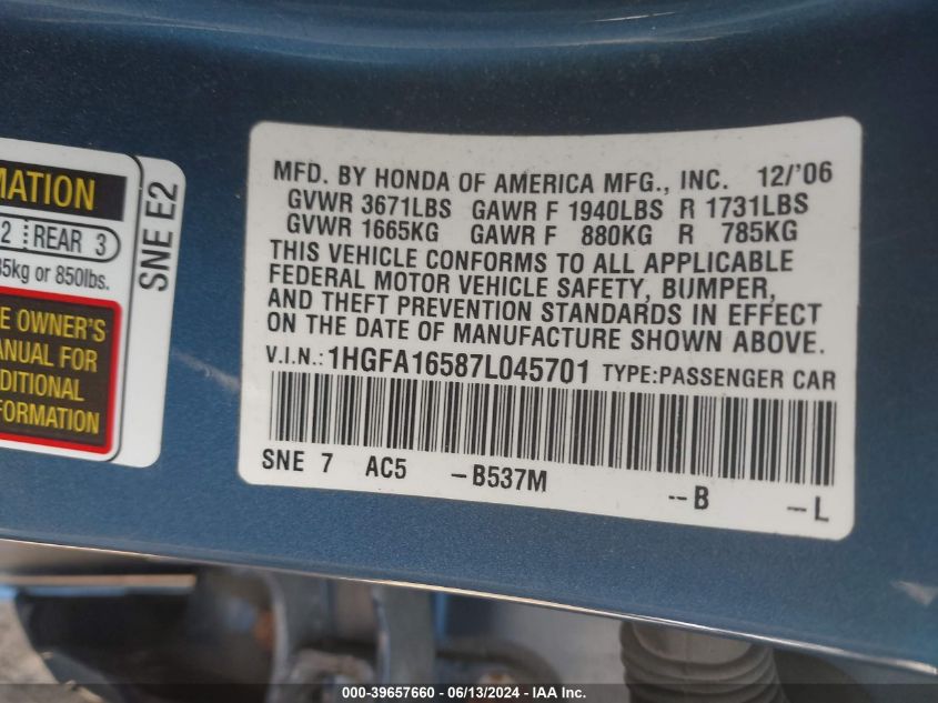 2007 Honda Civic Lx VIN: 1HGFA16587L045701 Lot: 39657660