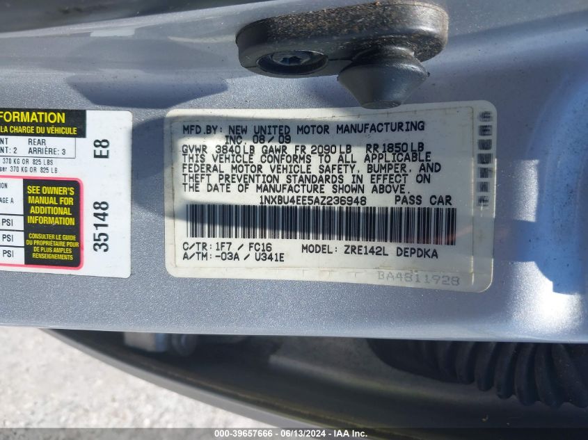 2010 Toyota Corolla Le VIN: 1NXBU4EE5AZ236948 Lot: 39657666